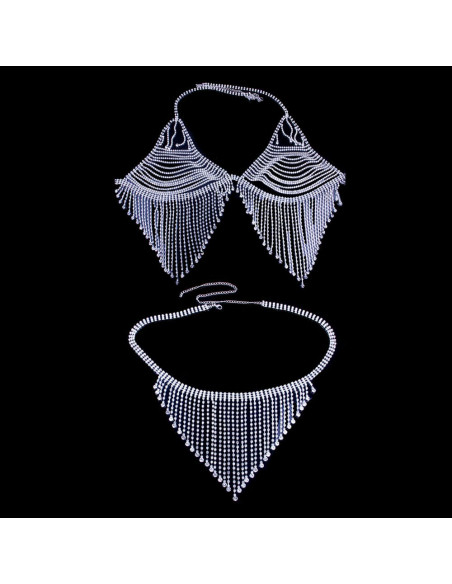 Set de lanturi elegante pentru piept si talie, cu franjuri, din siruri de cristale in suport metalic
