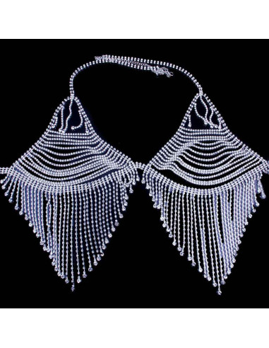 Set de lanturi elegante pentru piept si talie, cu franjuri, din siruri de cristale in suport metalic