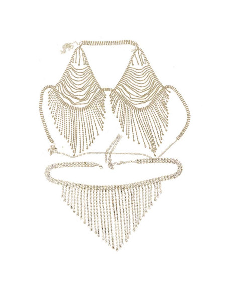 Set de lanturi elegante pentru piept si talie, cu franjuri, din siruri de cristale in suport metalic