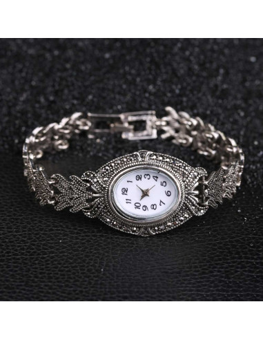Ceas de mana de dama vintage, bratara model impletit, cadran oval si hematite