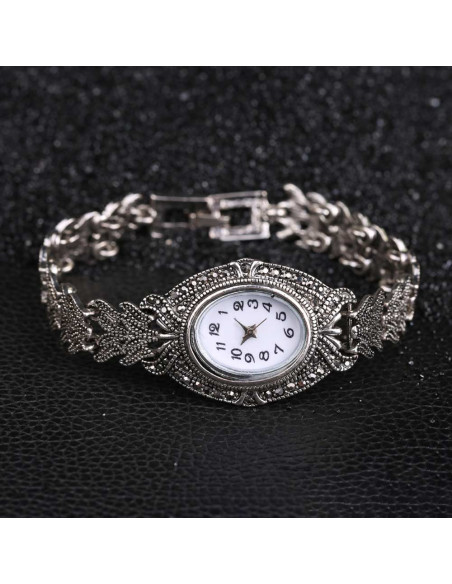 Ceas de mana de dama vintage, bratara model impletit, cadran oval si hematite