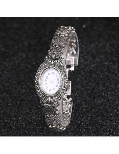 Ceas de mana de dama vintage, bratara model impletit, cadran oval si hematite