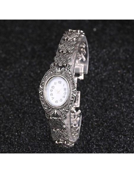 Ceas de mana de dama vintage, bratara model impletit, cadran oval si hematite