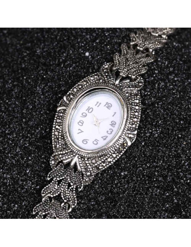Ceas de mana de dama vintage, bratara model impletit, cadran oval si hematite