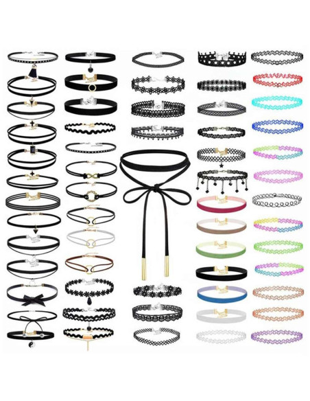 Set 60 coliere choker, catifea, dantela si tattoo choker colorate