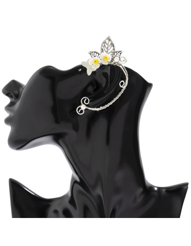 Cercel ear cuff wrap, hand made, ureche de elf din fir metalic, cu flori si frunze
