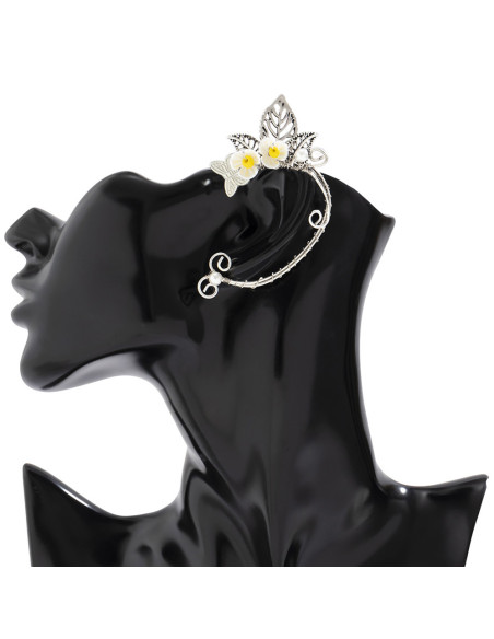Cercel ear cuff wrap, hand made, ureche de elf din fir metalic, cu flori si frunze