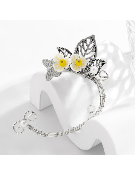 Cercel ear cuff wrap, hand made, ureche de elf din fir metalic, cu flori si frunze