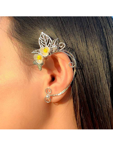 Cercel ear cuff wrap, hand made, ureche de elf din fir metalic, cu flori si frunze