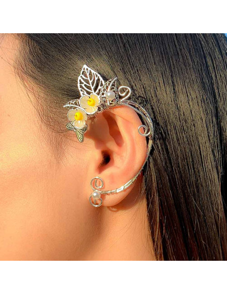 Cercel ear cuff wrap, hand made, ureche de elf din fir metalic, cu flori si frunze