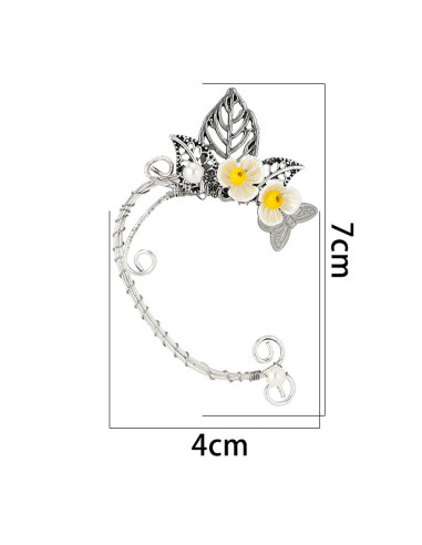 Cercel ear cuff wrap, hand made, ureche de elf din fir metalic, cu flori si frunze