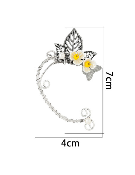 Cercel ear cuff wrap, hand made, ureche de elf din fir metalic, cu flori si frunze