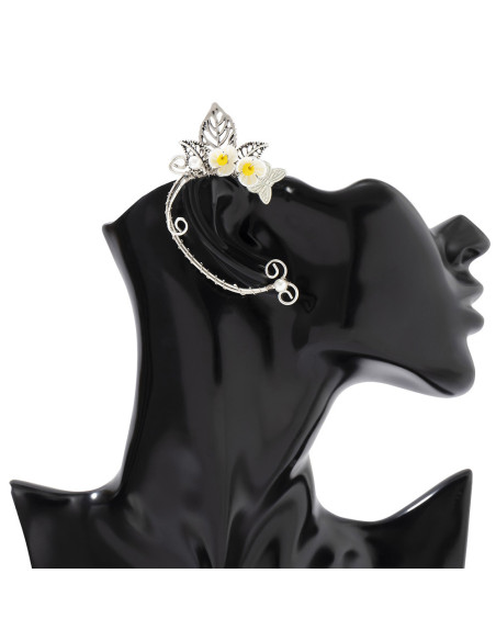Cercel ear cuff wrap, hand made, ureche de elf din fir metalic, cu flori si frunze