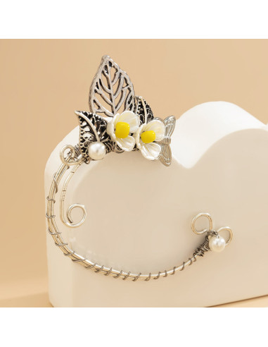 Cercel ear cuff wrap, hand made, ureche de elf din fir metalic, cu flori si frunze