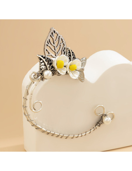Cercel ear cuff wrap, hand made, ureche de elf din fir metalic, cu flori si frunze