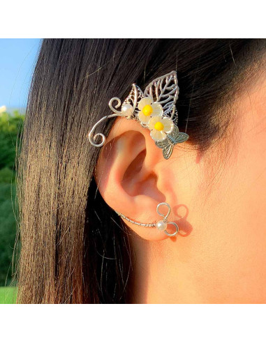 Cercel ear cuff wrap, hand made, ureche de elf din fir metalic, cu flori si frunze
