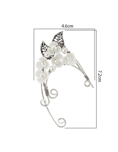 Cercel ear cuff wrap, hand made, ureche de elf din fir metalic, cu 5 flori, frunze si perle