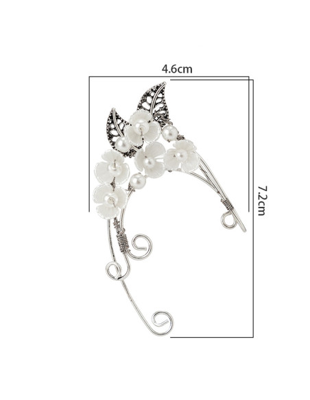 Cercel ear cuff wrap, hand made, ureche de elf din fir metalic, cu 5 flori, frunze si perle
