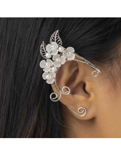 Cercel ear cuff wrap, hand made, ureche de elf din fir metalic, cu 5 flori, frunze si perle