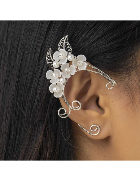 Cercel ear cuff wrap, hand made, ureche de elf din fir metalic, cu 5 flori, frunze si perle