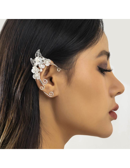 Cercel ear cuff wrap, hand made, ureche de elf din fir metalic, cu 5 flori, frunze si perle