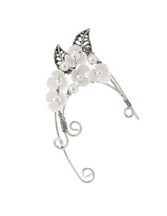 Cercel ear cuff wrap, hand made, ureche de elf din fir metalic, cu 5 flori, frunze si perle 2