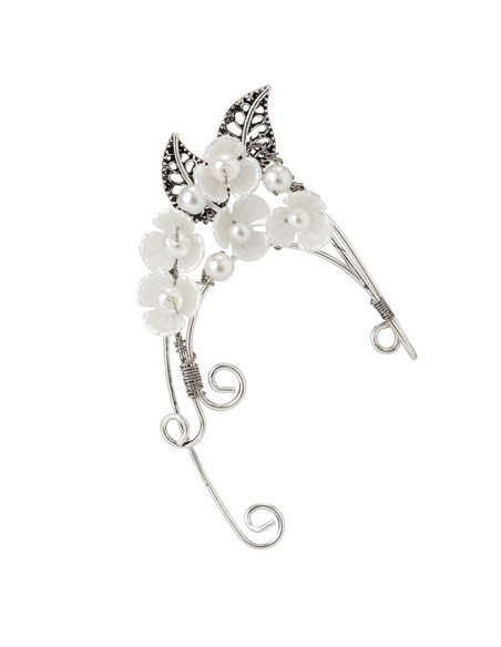 Cercel ear cuff wrap, hand made, ureche de elf din fir metalic, cu 5 flori, frunze si perle
