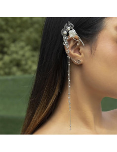 Cercel ear cuff wrap, hand made, ureche de elf din fir metalic, cu flori, frunze si lantisoare