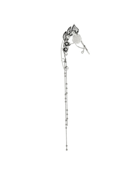 Cercel ear cuff wrap, hand made, ureche de elf din fir metalic, cu flori, frunze si lantisoare