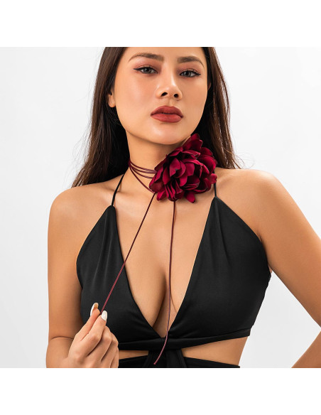 Colier lung din snur cerat, cu trandafir mare textil