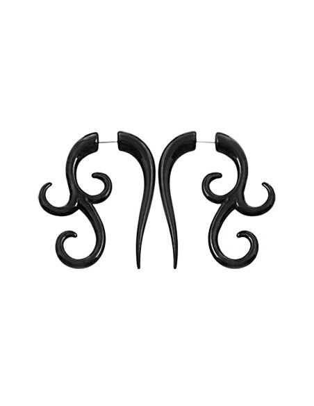 Ear expander fals, model tribal cu trei capete rasucite din plastic negru