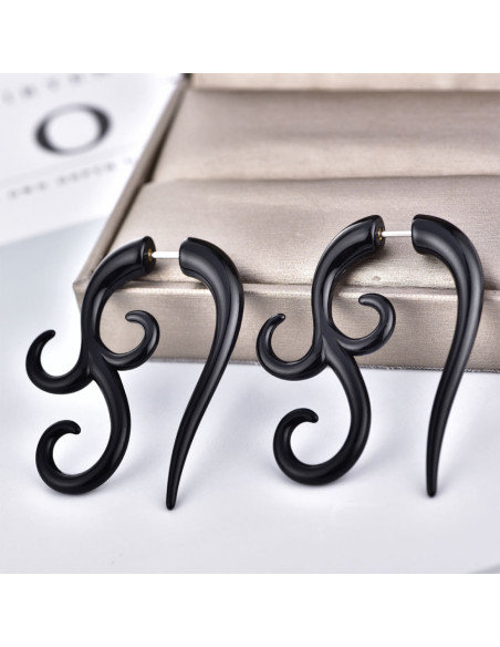 Ear expander fals, model tribal cu trei capete rasucite din plastic negru
