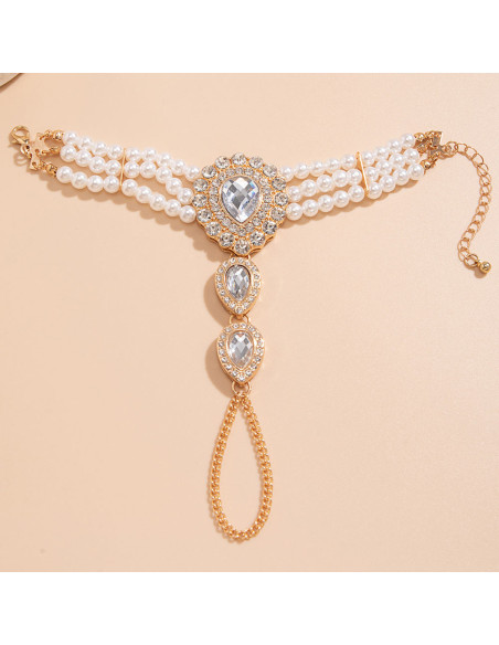 Set colier choker si bratara cu inel, cu medalioane lacrima cu cristale si perle