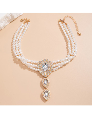 Set colier choker si bratara cu inel, cu medalioane lacrima cu cristale si perle