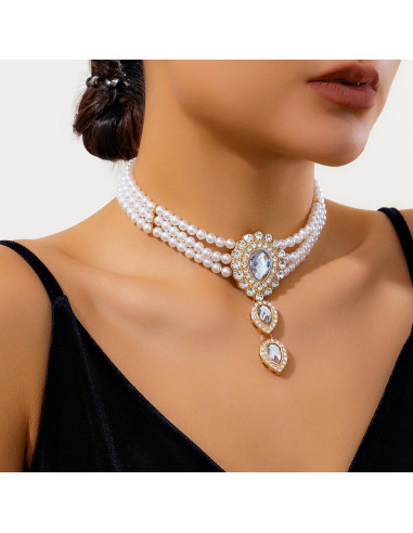 Set colier choker si bratara cu inel, cu medalioane lacrima cu cristale si perle