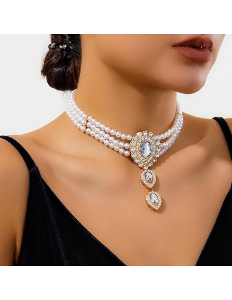 Set colier choker si bratara cu inel, cu medalioane lacrima cu cristale si perle