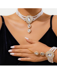 Set colier choker si bratara cu inel, cu medalioane lacrima cu cristale si perle