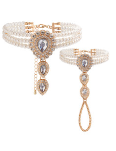 Set colier choker si bratara cu inel, cu medalioane lacrima cu cristale si perle 2
