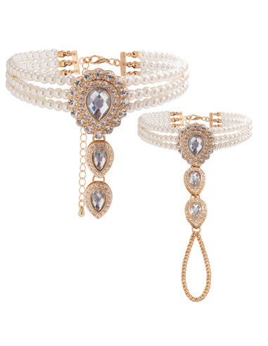 Set colier choker si bratara cu inel, cu medalioane lacrima cu cristale si perle