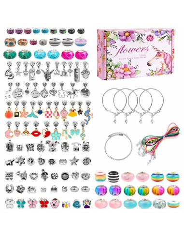 Set accesorii tip Pandora, 120 charmuri colorate, 5 bratari, 5 coliere, ambalaj cadou cu unicorn si flori