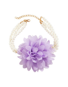 Colier choker statement, din trei siruri de perle albe si crizantema textila 2