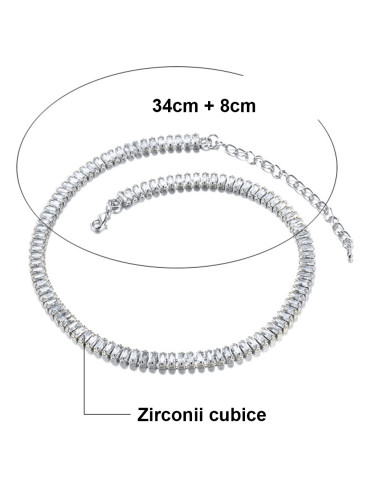 Colier tenis cu cristale de zirconie cubica, in montura dreptunghiulara, la baza gatului