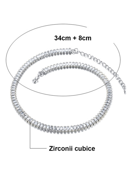 Colier tenis cu cristale de zirconie cubica, in montura dreptunghiulara, la baza gatului