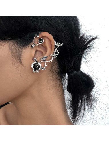 Cercel ear cuff wrap, ramura de trandafir cu flori, pe toata urechea