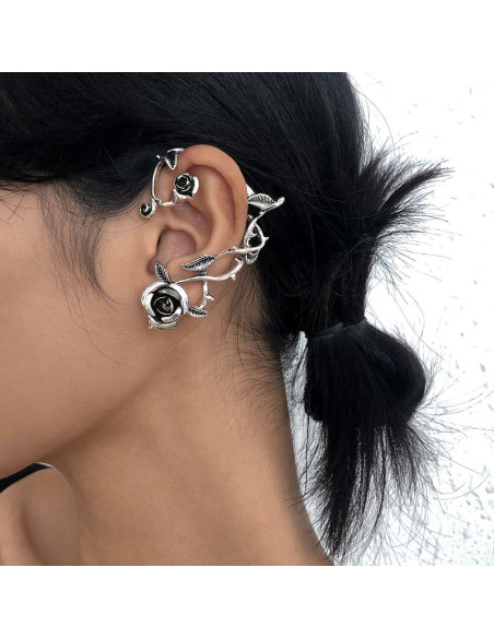Cercel ear cuff wrap, ramura de trandafir cu flori, pe toata urechea