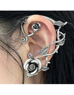 Cercel ear cuff wrap, ramura de trandafir cu flori, pe toata urechea