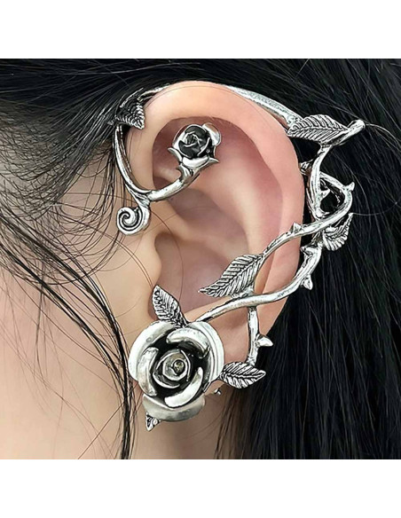 Cercel ear cuff wrap, ramura de trandafir cu flori, pe toata urechea
