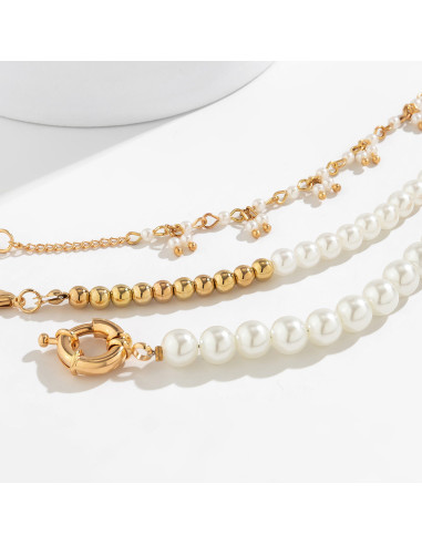 Set 3 bratari elegante, lantisoare cu perle albe, margele aurii si zale mari