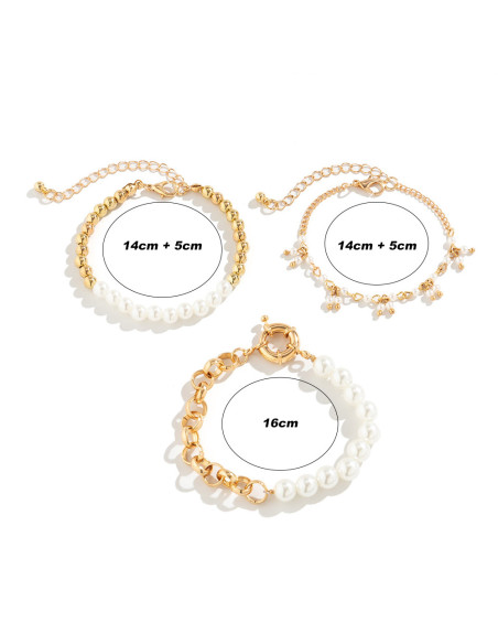 Set 3 bratari elegante, lantisoare cu perle albe, margele aurii si zale mari