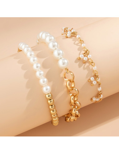 Set 3 bratari elegante, lantisoare cu perle albe, margele aurii si zale mari